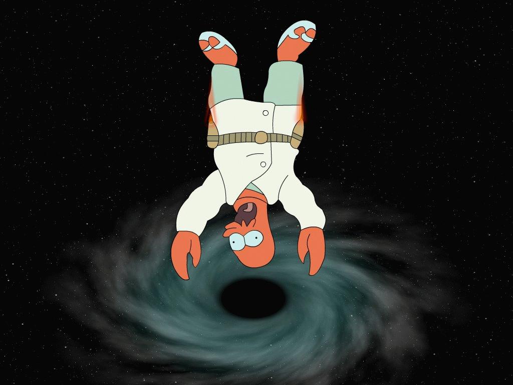 Dr. John A. Zoidberg of Futurama falling into a black hole. Image Source